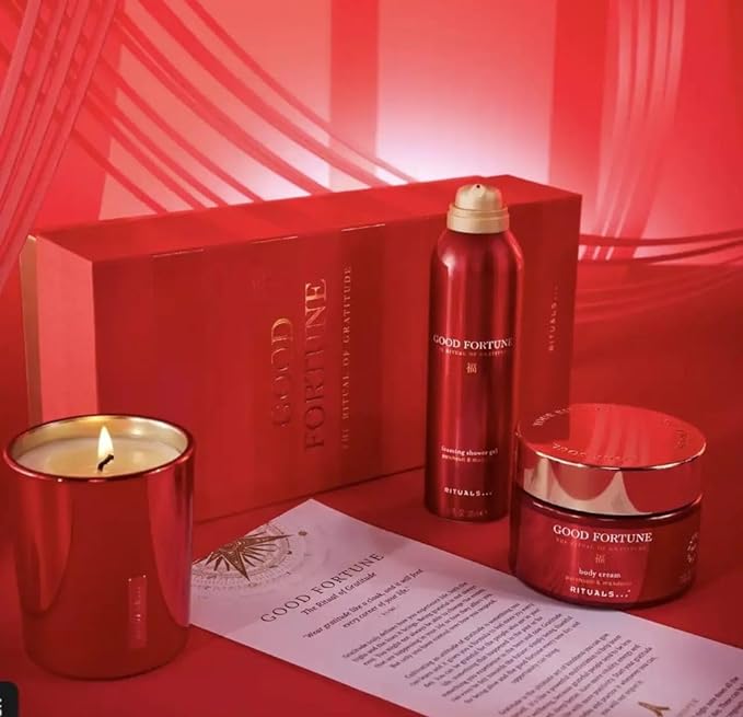 RITUALS THE RITUAL OF GRATITUDE COFFRET CADEAU 3 PIÈCES GOOD FORTUNE CRÈME POUR LE CORPS GEL DOUCHE BOUGIE PARFUMÉE