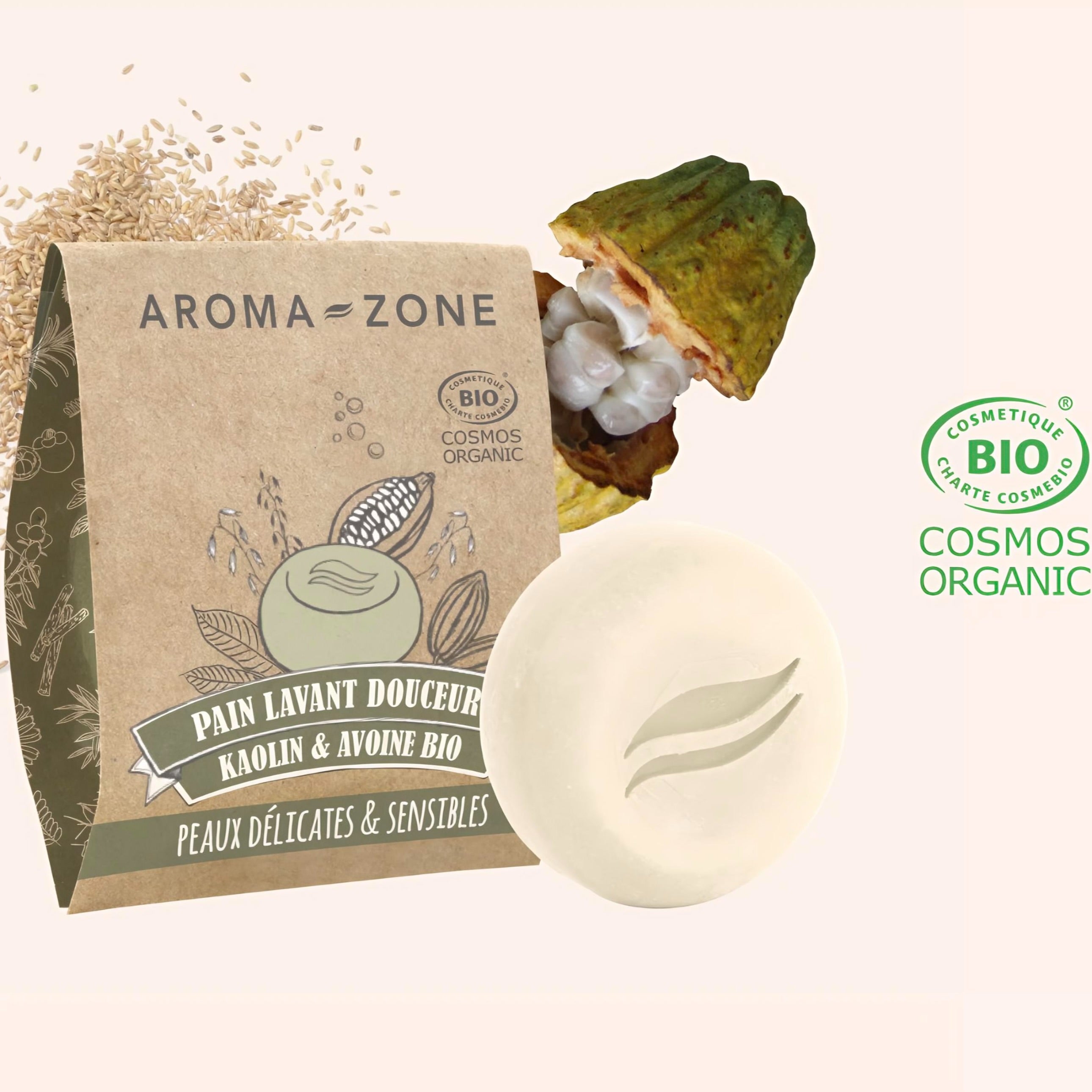 AROMA ZONE PAIN LAVANT SANS SAVON DOUCEUR KAOLIN &AVOINE BIO TRES ( PEAUX DÉLICATES ET SENSIBLES ) 50G
