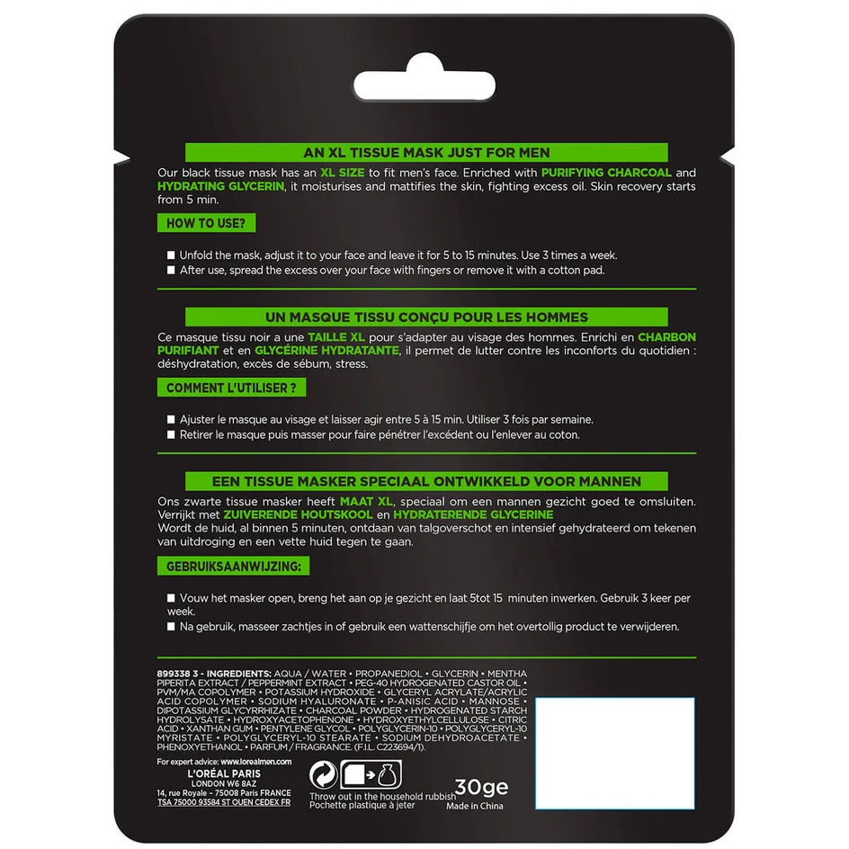 L’ORÉAL PARIS MEN EXPERT PUR CHARBON MASQUE TISSU PURIFIANT 30G