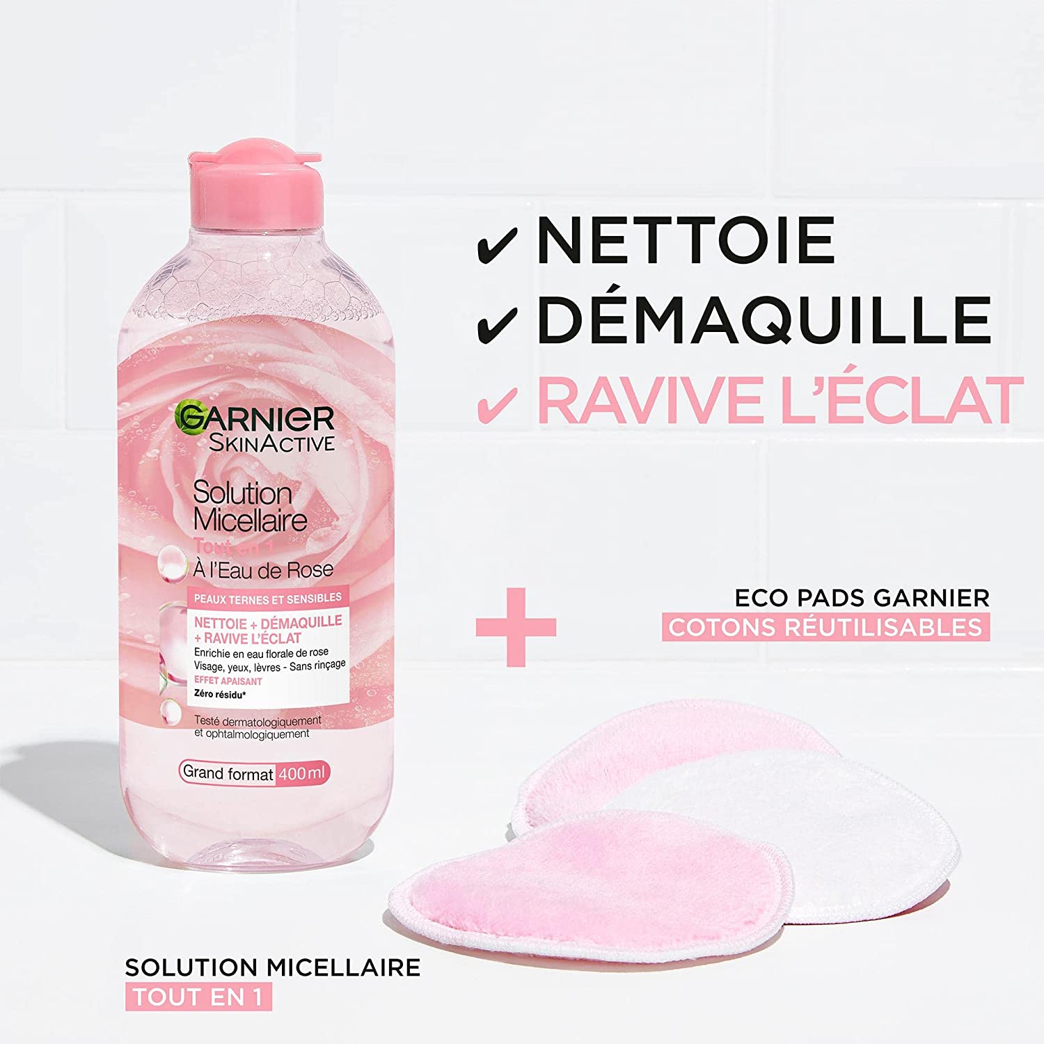GARNIER SKIN ACTIVE SOLUTION MICELLAIRE TOUT EN 1 À L'EAU DE ROSE PEAUX TERNES ET SENSIBLES 400ML