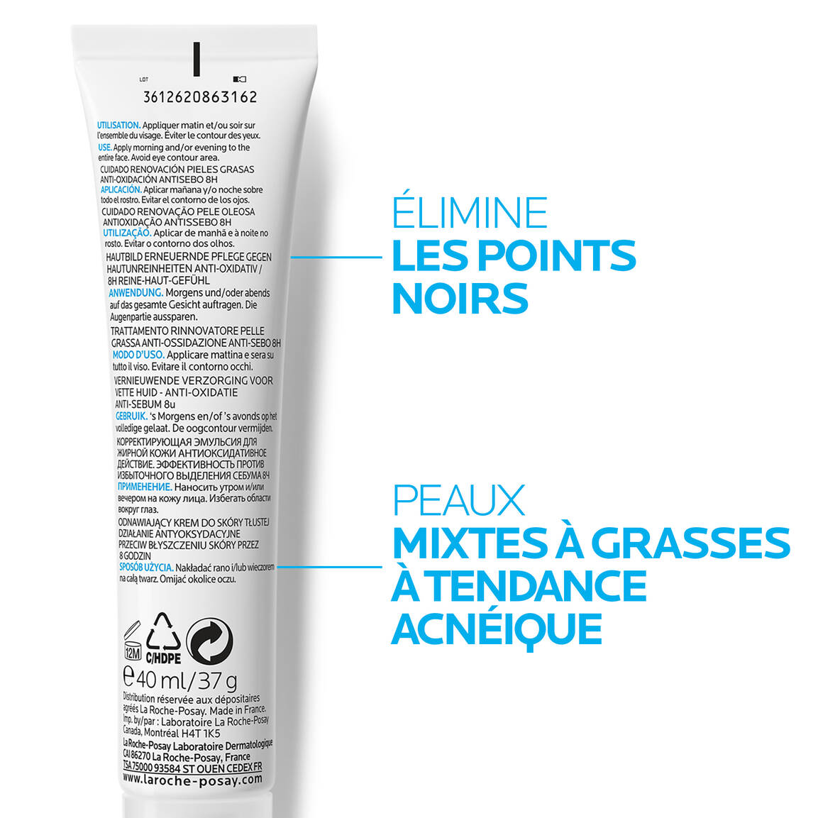LA ROCHE POSAY EFFACLAR K+ SOIN RÉNOVATION PEAUX GRASSES ANTI-OXYDATION ANTI-SÉBUM 8H 40ML